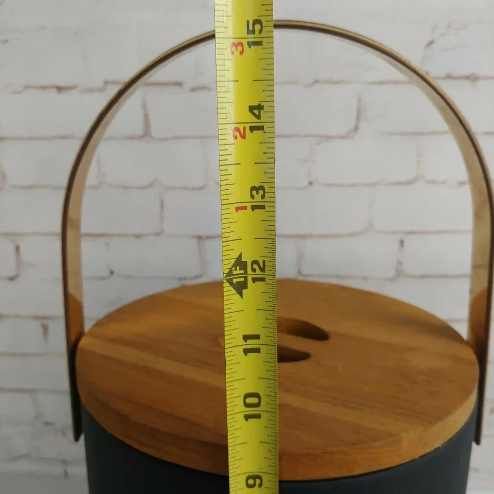Morgan Ice Bucket with Lid Vinyl Covered in Brown with Wood Mid Century MCM